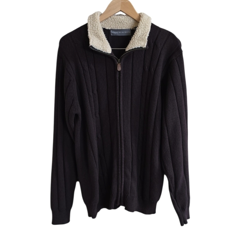 Oscar De La Renta Men's Full Zip Sherpa Collar Espresso Cable Knit Sweater. XL